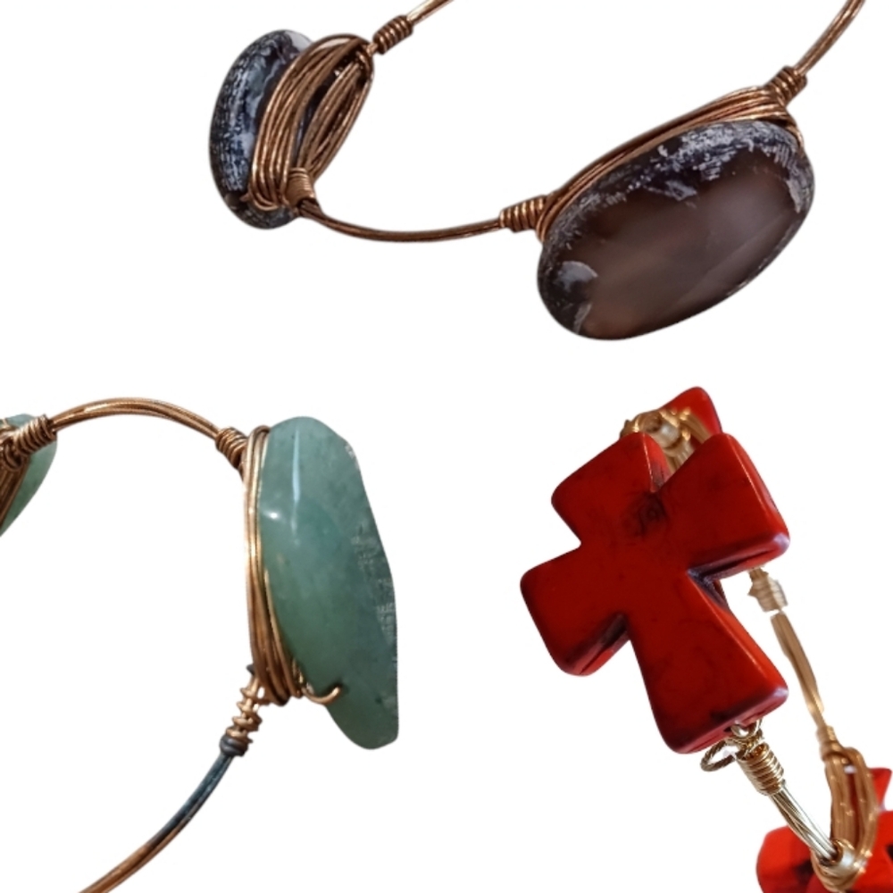 (3) Bangle Bracelets Wire Wrapped Crystal Stone